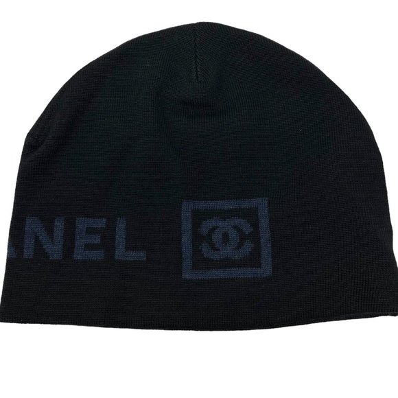 CHANEL Sport 07A Vintage Coco Mark Logo Beanie Hat Black Merino Wool Rank AB+ - Picture 6 of 11